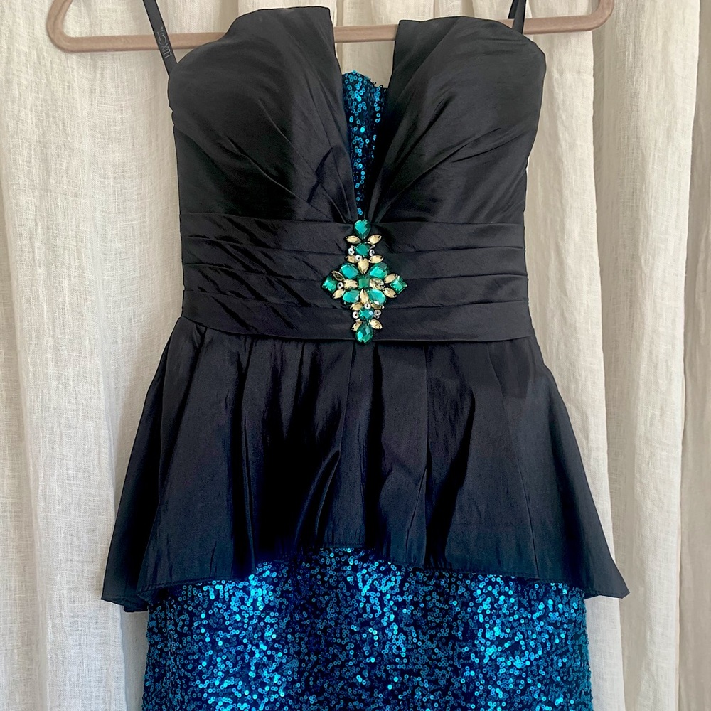 Black and turquoise sequin semi formal gown